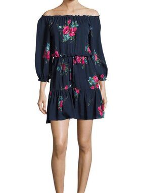 Joie Floral-Print Off-the-Shoulder Silk Blouson Mini Dress Size S (22)